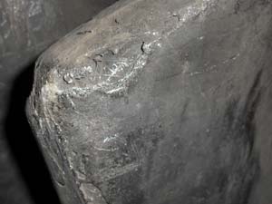 Eroded leading edge of fibreglass fan blade